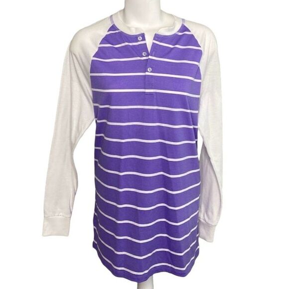 LuLaRoe Mark Purple‎ White Stripe Raglan Henley Top Sz XS - Picture 1 of 6